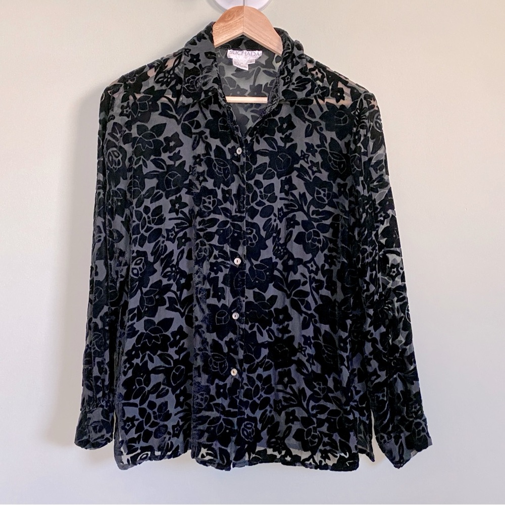 🌟Vintage Suchada Black 90s Velvet Burnout Floral Button Long Sleeve Shirt Small
